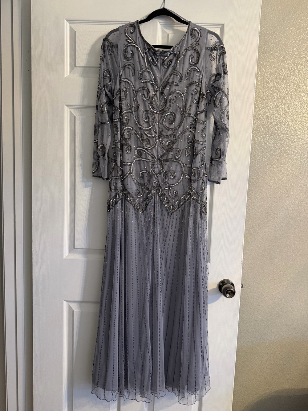 Midnight Velvet Silver Beaded Long-Sleeve Evening Gown - Picture 2 of 4